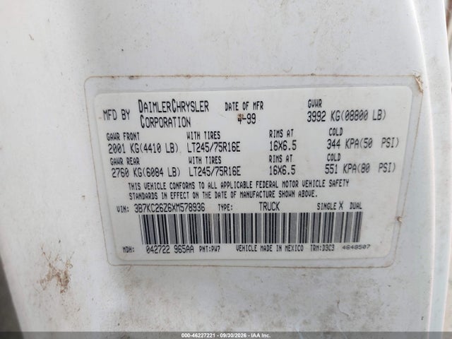 1999 Dodge Ram 2500 St მანქანა იყიდება აუქციონზე, vin: 3B7KC26Z6XM578936, აუქციონის ნომერი: 46227221