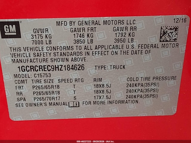 Продаж на аукціоні авто 2017 Chevrolet Silverado 1500 1lt, vin: 1GCRCREC9HZ184626, номер лоту: 46227223