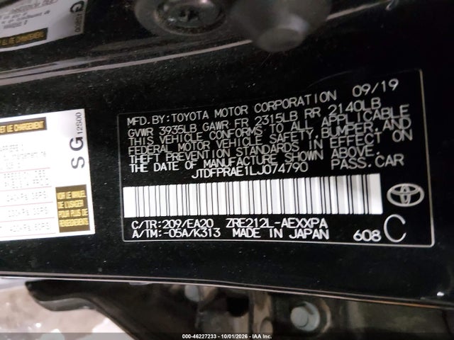 Aukcja sprzedaży 2020 Toyota Corolla Xle, vin: JTDFPRAE1LJ074790, numer aukcji: 46227233
