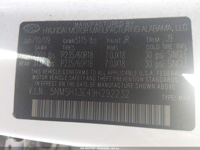 2009 Hyundai Santa Fe Limited მანქანა იყიდება აუქციონზე, vin: 5NMSH13E49H292232, აუქციონის ნომერი: 46227267