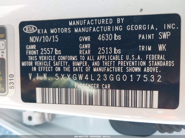 2016 Kia Optima Sx Turbo მანქანა იყიდება აუქციონზე, vin: 5XXGW4L23GG017532, აუქციონის ნომერი: 46227279