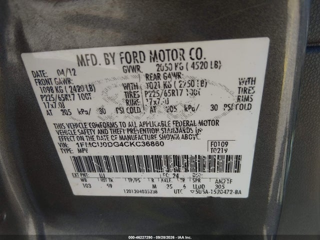 Aukcja sprzedaży 2012 Ford Escape Xlt, vin: 1FMCU0DG4CKC36860, numer aukcji: 46227290