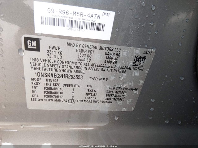 46227291 :رقم المزاد ، 1GNSKAEC9HR293553 vin ، 2017 Chevrolet Tahoe Ls مزاد بيع