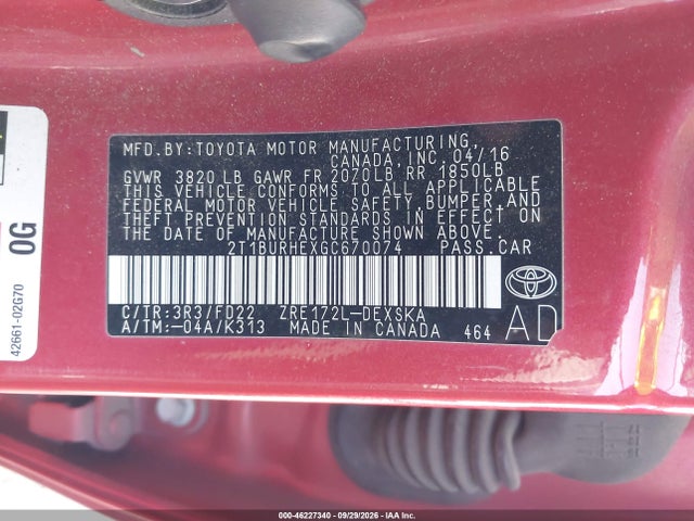 Aukcja sprzedaży 2016 Toyota Corolla S, vin: 2T1BURHEXGC670074, numer aukcji: 46227340