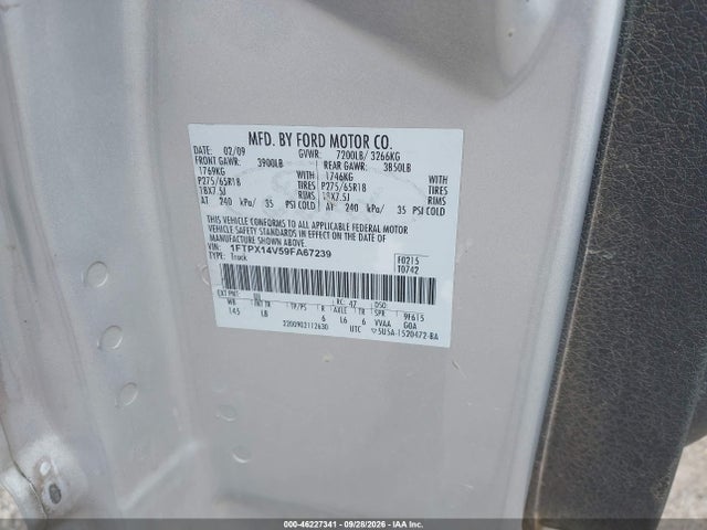 2009 Ford F-150 Fx4/lariat/xl/xlt მანქანა იყიდება აუქციონზე, vin: 1FTPX14V59FA67239, აუქციონის ნომერი: 46227341