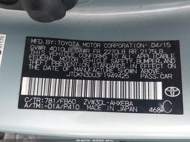 46227351 :رقم المزاد ، JTDKN3DU3F1949425 vin ، 2015 Toyota Prius مزاد بيع