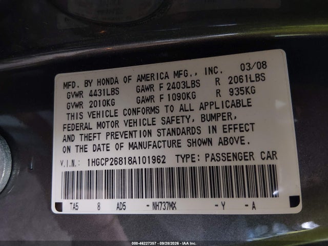 Aukcja sprzedaży 2008 Honda Accord 2.4 Ex-l, vin: 1HGCP26818A101962, numer aukcji: 46227357