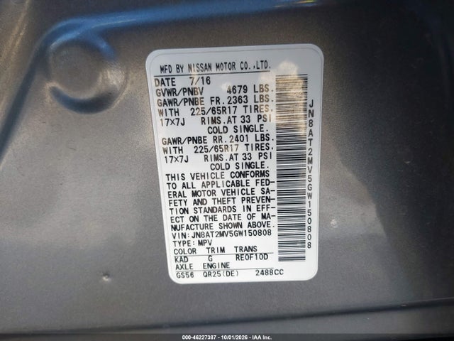 2016 Nissan Rogue S მანქანა იყიდება აუქციონზე, vin: JN8AT2MV5GW150808, აუქციონის ნომერი: 46227387