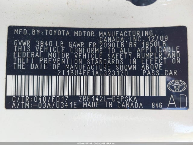 46227395 :رقم المزاد ، 2T1BU4EE1AC323120 vin ، 2010 Toyota Corolla S مزاد بيع