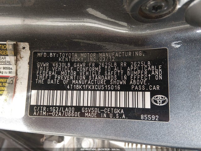 Aukcja sprzedaży 2012 Toyota Camry Xle V6, vin: 4T1BK1FKXCU515016, numer aukcji: 46227404