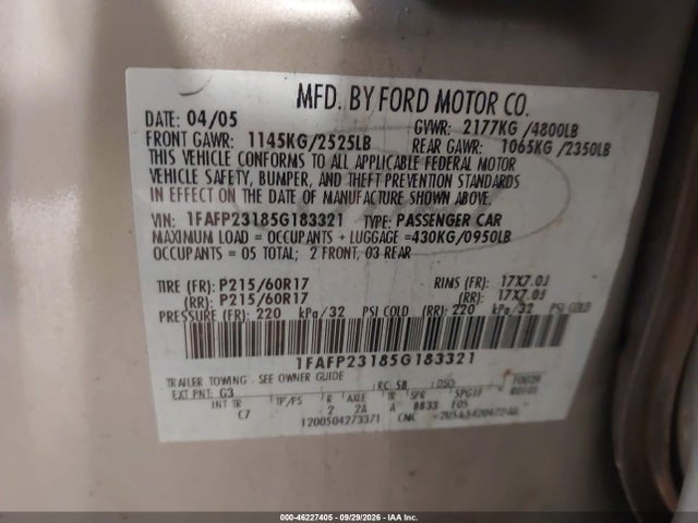 Продаж на аукціоні авто 2005 Ford Five Hundred Se, vin: 1FAFP23185G183321, номер лоту: 46227405