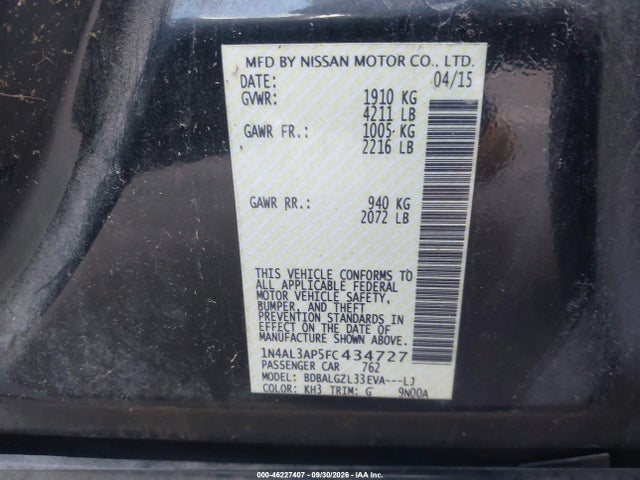 Aukcja sprzedaży 2015 Nissan Altima 2.5 S, vin: 1N4AL3AP5FC434727, numer aukcji: 46227407