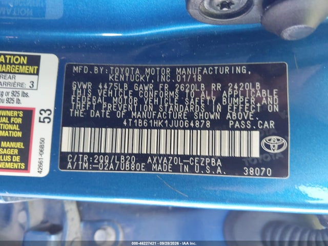 46227421 :رقم المزاد ، 4T1B61HK1JU064878 vin ، 2018 Toyota Camry Xse مزاد بيع