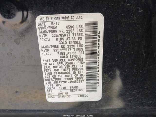 2018 Nissan Rogue S მანქანა იყიდება აუქციონზე, vin: JN8AT2MT0JW452397, აუქციონის ნომერი: 46227441