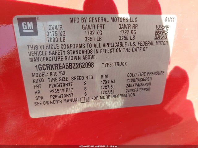 46227448 :رقم المزاد ، 1GCRKREA5BZ262098 vin ، 2011 Chevrolet Silverado 1500 Ls مزاد بيع