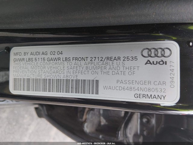 46227474 :رقم المزاد ، WAUCD64B54N080532 vin ، 2004 Audi A6 2.7t S-line مزاد بيع