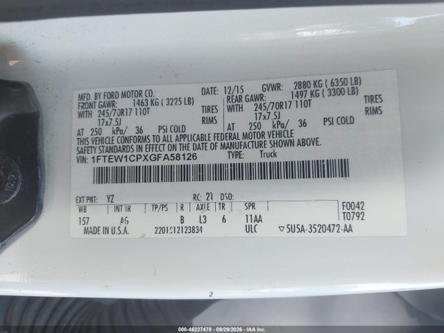 2016 Ford F-150 Xl მანქანა იყიდება აუქციონზე, vin: 1FTEW1CPXGFA58126, აუქციონის ნომერი: 46227478