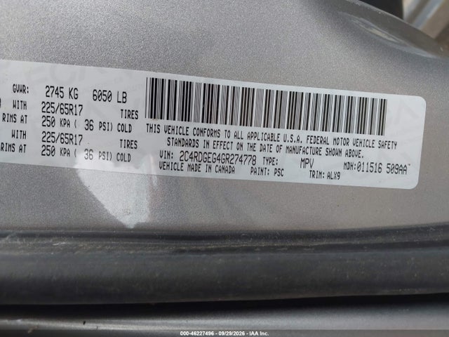 2016 Dodge Grand Caravan R/t მანქანა იყიდება აუქციონზე, vin: 2C4RDGEG4GR274778, აუქციონის ნომერი: 46227496