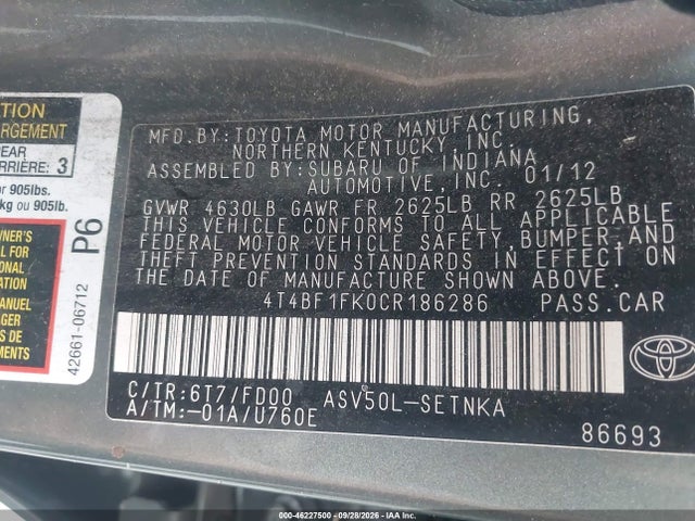Продажа на аукционе авто 2012 Toyota Camry Le, vin: 4T4BF1FK0CR186286, номер лота: 46227500