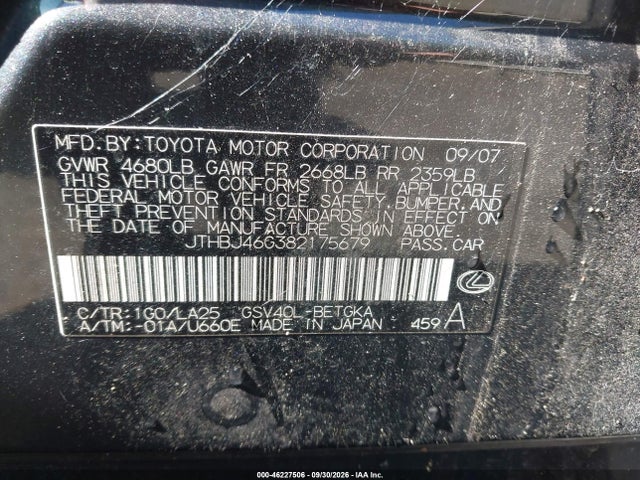 Продажа на аукционе авто 2008 Lexus Es 350, vin: JTHBJ46G382175679, номер лота: 46227506