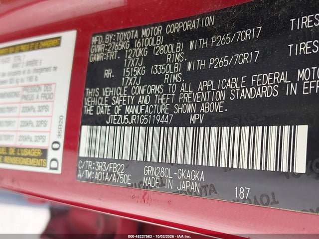 Toyota 4RUNNER SR5 2016 JTEZU5JR1G5119447 Image 9