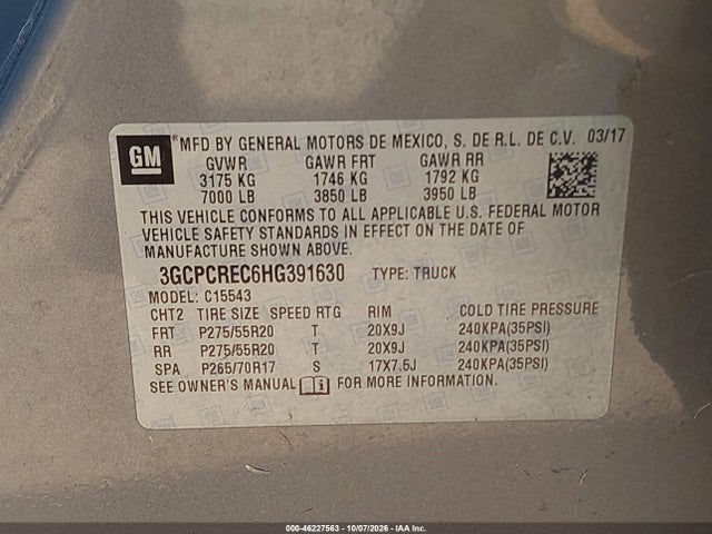 2017 Chevrolet Silverado 1500 1lt მანქანა იყიდება აუქციონზე, vin: 3GCPCREC6HG391630, აუქციონის ნომერი: 46227563