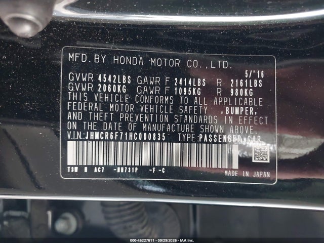 Aukcja sprzedaży 2017 Honda Accord Hybrid Touring, vin: JHMCR6F71HC000835, numer aukcji: 46227611