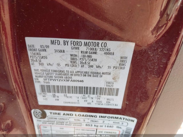 Aukcja sprzedaży 2009 Ford F-150 King Ranch/lariat/platinum/xl/xlt, vin: 1FTPW12VX9FA80946, numer aukcji: 46227642