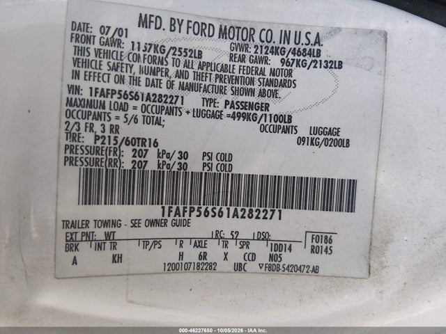 Продажа на аукционе авто 2001 Ford Taurus Sel, vin: 1FAFP56S61A282271, номер лота: 46227650
