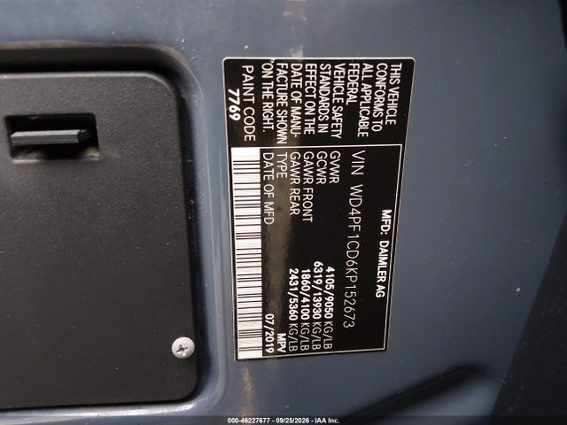 Продаж на аукціоні авто 2019 Mercedes-benz Sprinter 2500 High Roof V6, vin: WD4PF1CD6KP152673, номер лоту: 46227677