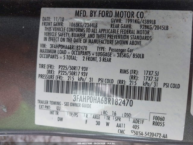 Продаж на аукціоні авто 2011 Ford Fusion Se, vin: 3FAHP0HA6BR182470, номер лоту: 46227696