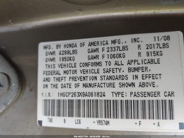 Aukcja sprzedaży 2009 Honda Accord 2.4 Lx, vin: 1HGCP263X9A061824, numer aukcji: 46227706