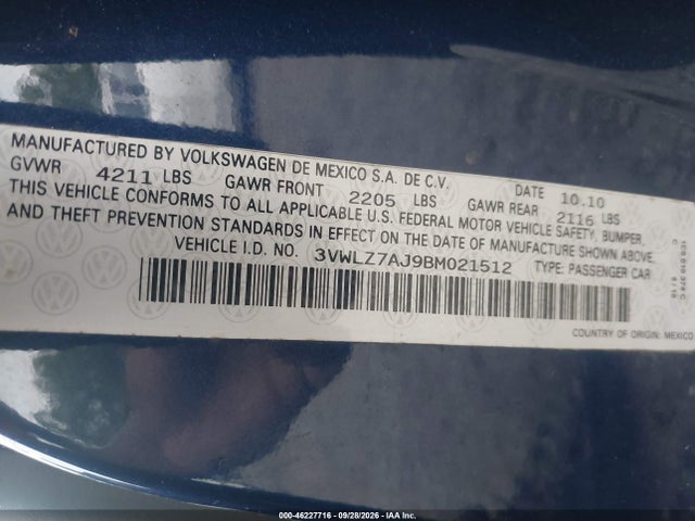 Aukcja sprzedaży 2011 Volkswagen Jetta 2.5l Sel, vin: 3VWLZ7AJ9BM021512, numer aukcji: 46227716