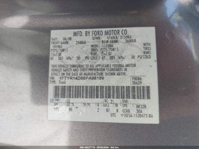 2008 Ford Ranger Xl/xlt მანქანა იყიდება აუქციონზე, vin: 1FTYR14D88PA98189, აუქციონის ნომერი: 46227719