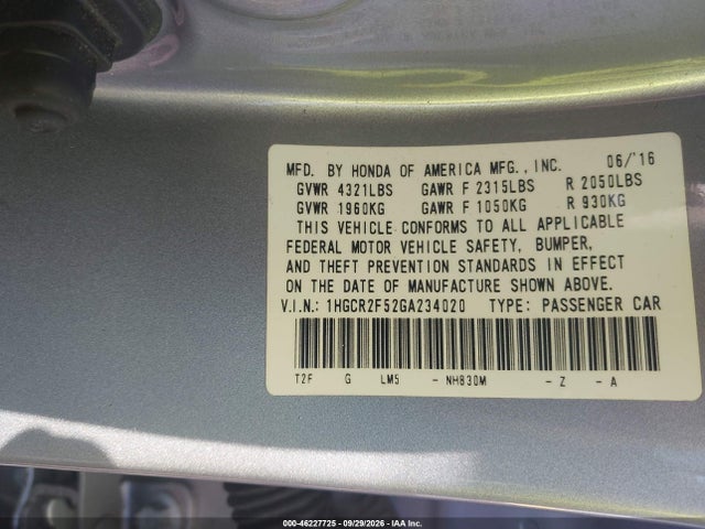 Продаж на аукціоні авто 2016 Honda Accord Sport, vin: 1HGCR2F52GA234020, номер лоту: 46227725