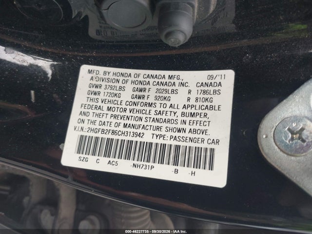 2012 Honda Civic Ex მანქანა იყიდება აუქციონზე, vin: 2HGFB2F86CH313942, აუქციონის ნომერი: 46227735