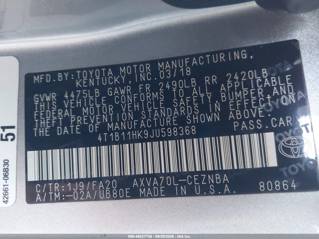Aukcja sprzedaży 2018 Toyota Camry Le, vin: 4T1B11HK9JU598368, numer aukcji: 46227736