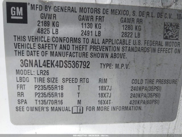 46227743 :رقم المزاد ، 3GNAL4EK4DS536792 vin ، 2013 Chevrolet Captiva Sport Ltz مزاد بيع
