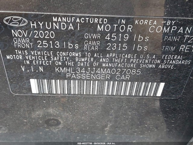 2021 Hyundai Sonata Sel მანქანა იყიდება აუქციონზე, vin: KMHL34JJ4MA027085, აუქციონის ნომერი: 46227756