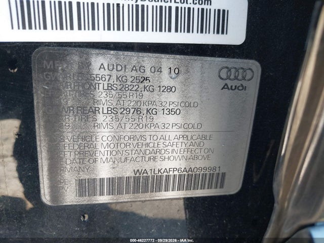 46227772 :رقم المزاد ، WA1LKAFP6AA099981 vin ، 2010 Audi Q5 3.2 Premium مزاد بيع