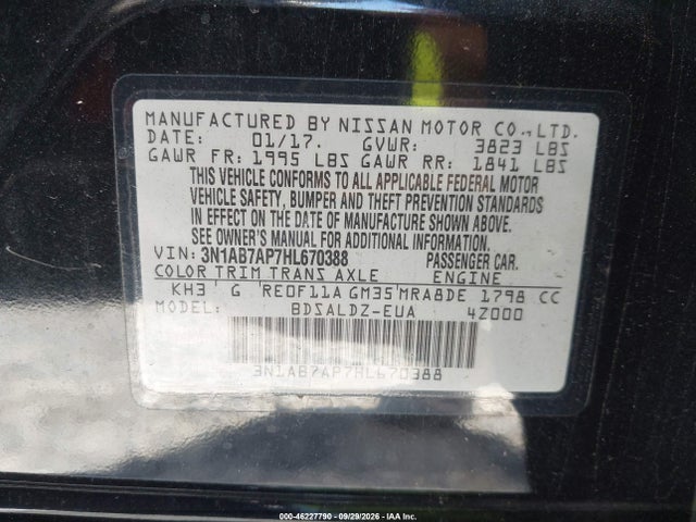 46227790 :رقم المزاد ، 3N1AB7AP7HL670388 vin ، 2017 Nissan Sentra Sv مزاد بيع