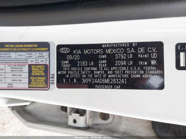 2021 Kia Forte Lxs მანქანა იყიდება აუქციონზე, vin: 3KPF24AD6ME283241, აუქციონის ნომერი: 46227792