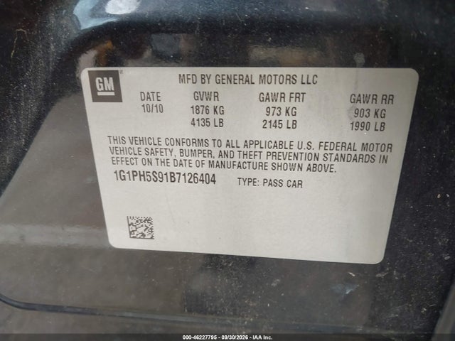 2011 Chevrolet Cruze Ltz მანქანა იყიდება აუქციონზე, vin: 1G1PH5S91B7126404, აუქციონის ნომერი: 46227795