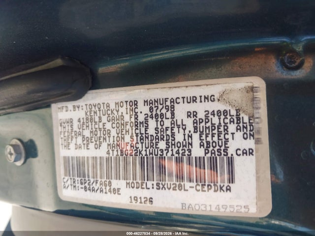 46227834 :رقم المزاد ، 4T1BG22K1WU371423 vin ، 1998 Toyota Camry Ce مزاد بيع