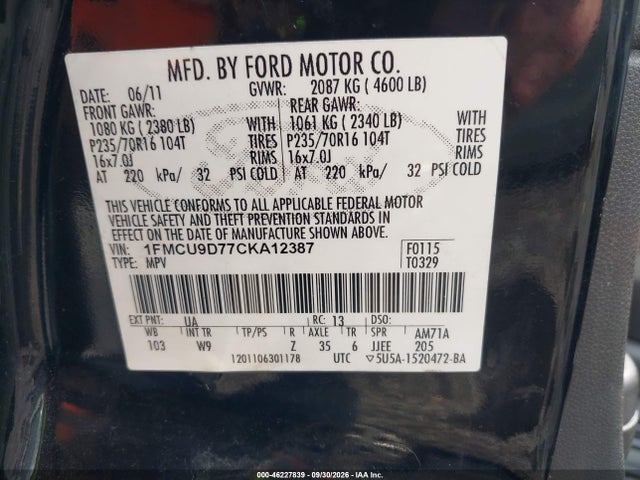 Продаж на аукціоні авто 2012 Ford Escape Xlt, vin: 1FMCU9D77CKA12387, номер лоту: 46227839