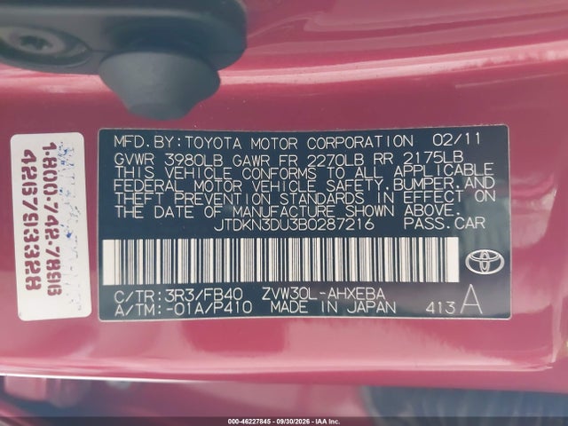 Aukcja sprzedaży 2011 Toyota Prius Two, vin: JTDKN3DU3B0287216, numer aukcji: 46227845