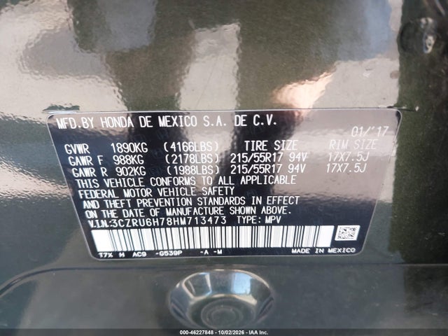 46227848 :رقم المزاد ، 3CZRU6H78HM713473 vin ، 2017 Honda Hr-v Ex-l مزاد بيع