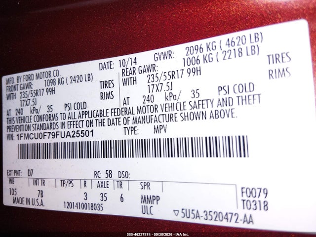 Ford ESCAPE S 2015 1FMCU0F79FUA25501 Image 9