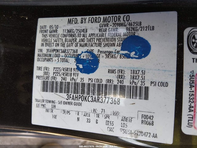 Aukcja sprzedaży 2010 Ford Fusion Sport, vin: 3FAHP0KC3AR377368, numer aukcji: 46227876
