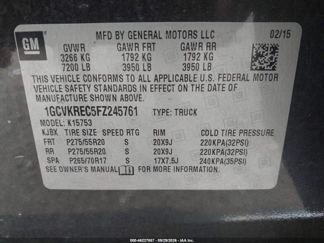 Продажа на аукционе авто 2015 Chevrolet Silverado 1500 Lt, vin: 1GCVKREC5FZ245761, номер лота: 46227887